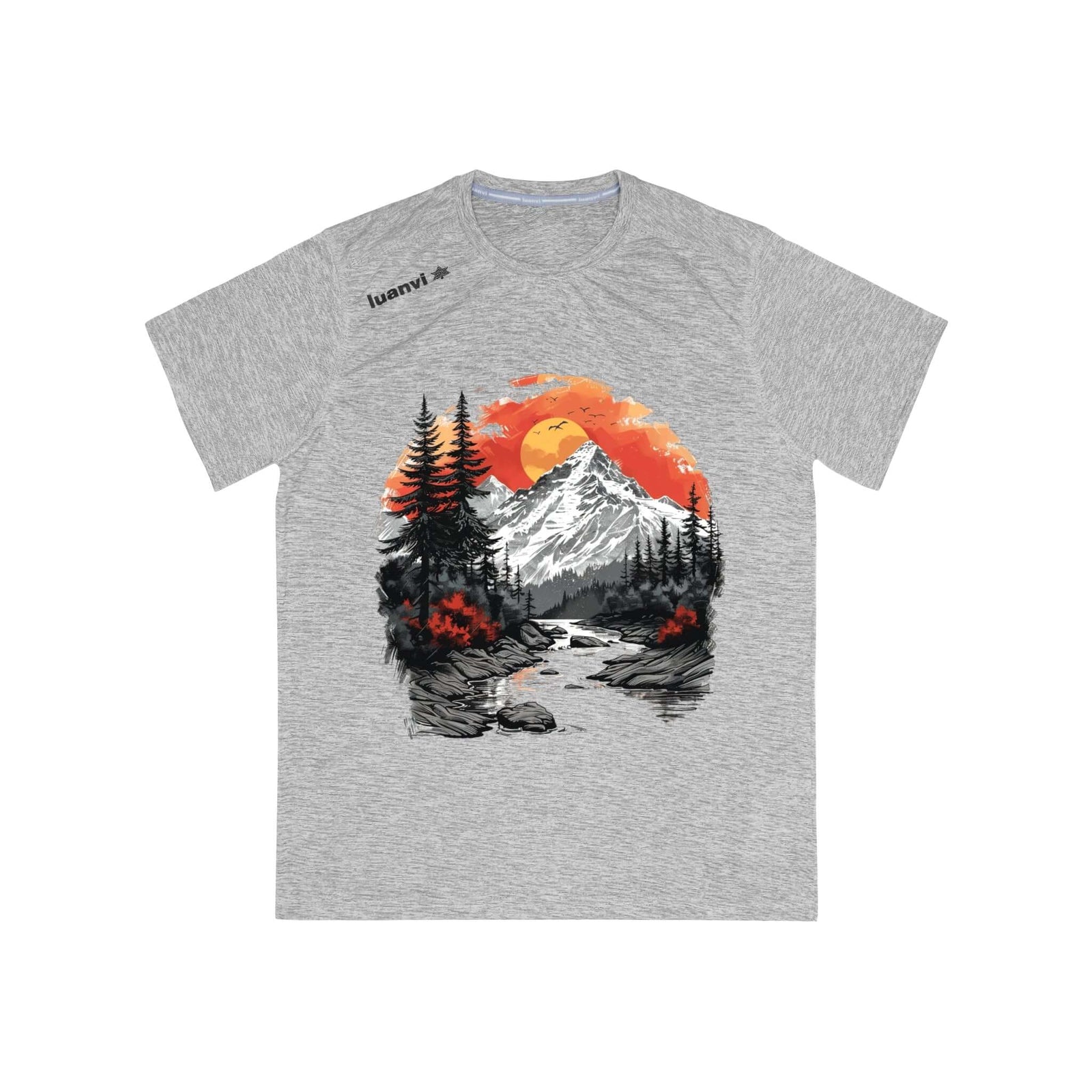 Men's sports T-shirt featuring mountain and forest graphic, perfect for outdoor adventures and camping.
