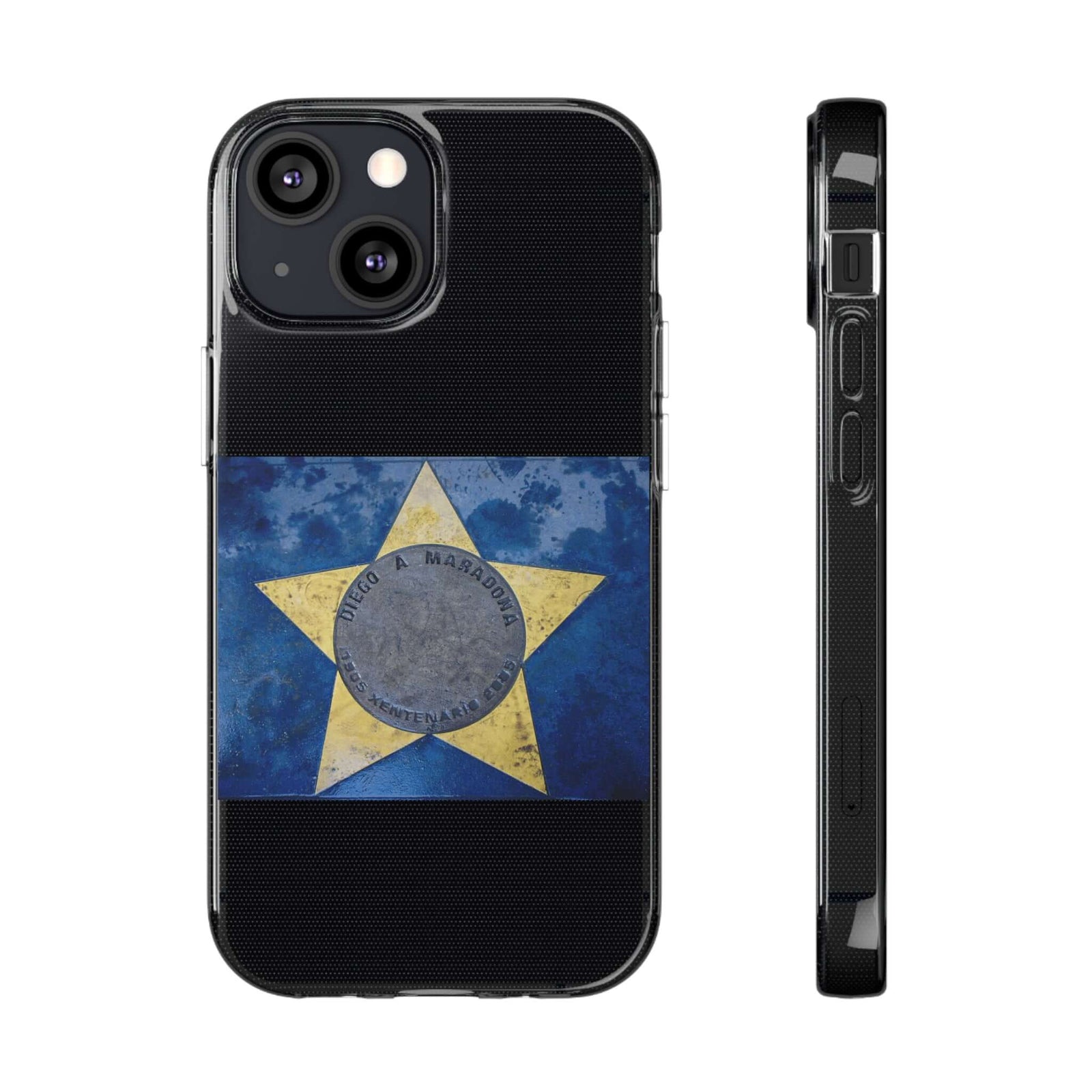 Diego Maradona phone case featuring a star design, made of flexible TPU for outdoor adventures. Perfect for camping and everyday use.