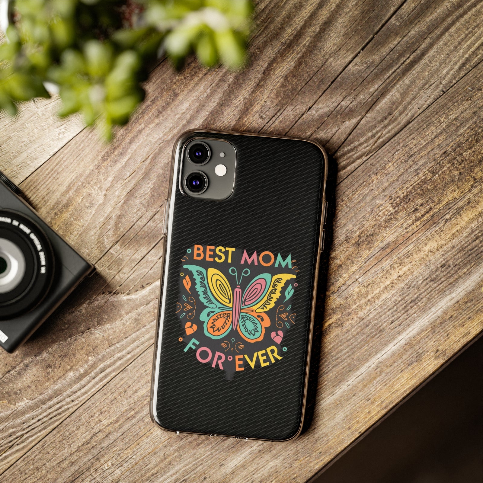 Phone case with colorful butterfly design and text 'Best Mom Forever', perfect for outdoor adventures and everyday use.