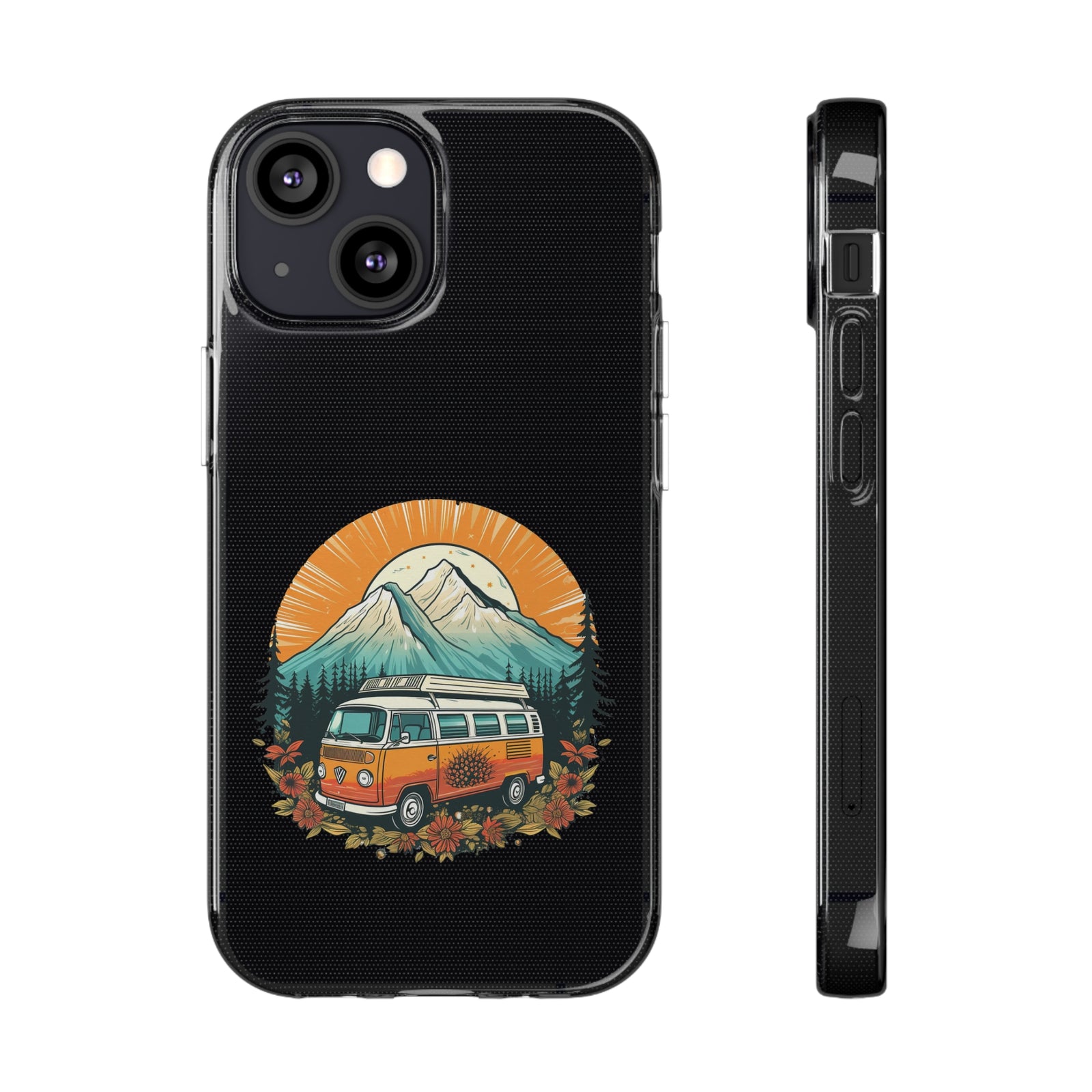 Phone case featuring a camping van design, perfect for outdoor adventures and travel enthusiasts.