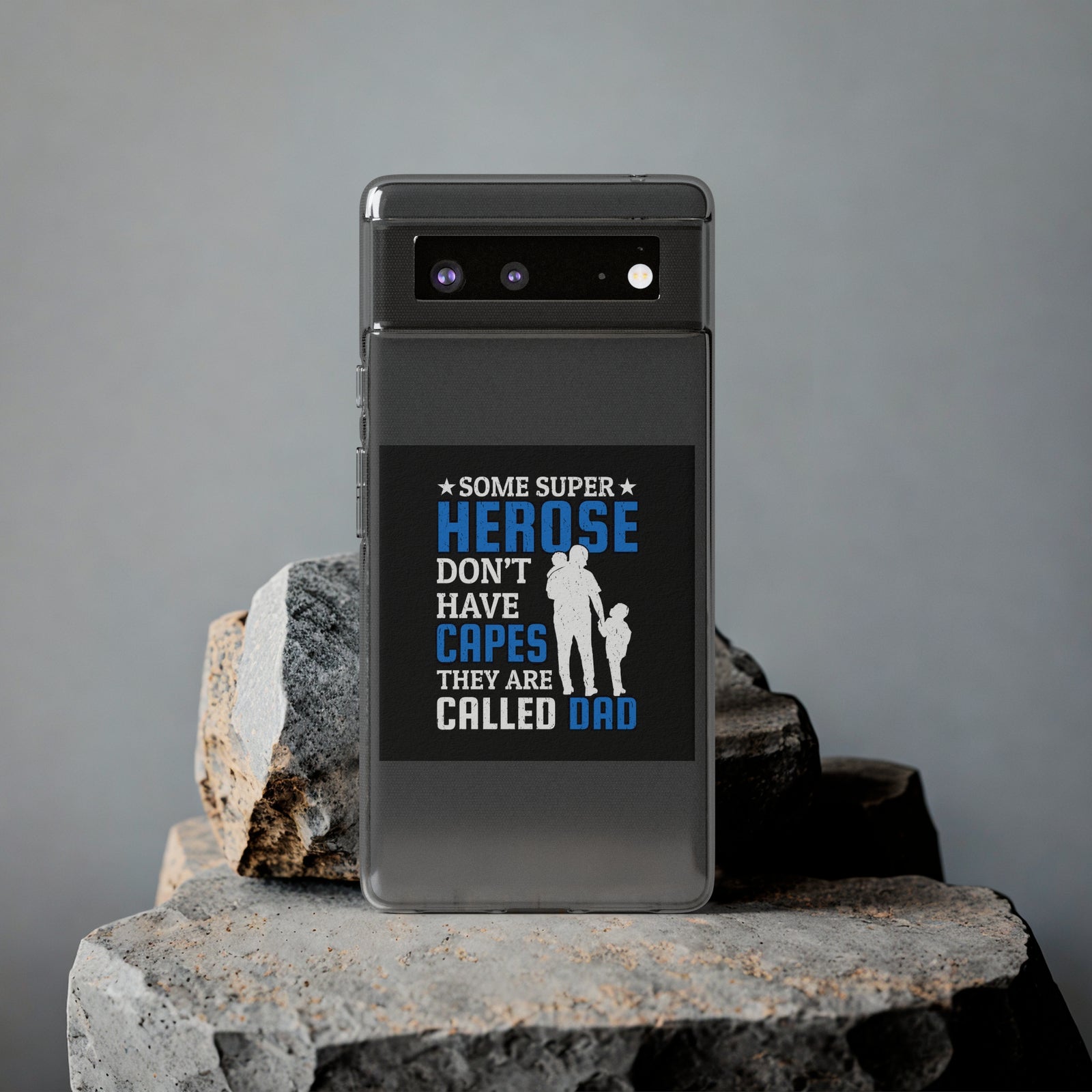 Phone case with superhero dad design, showcasing outdoor and adventure spirit, perfect for camping enthusiasts.
