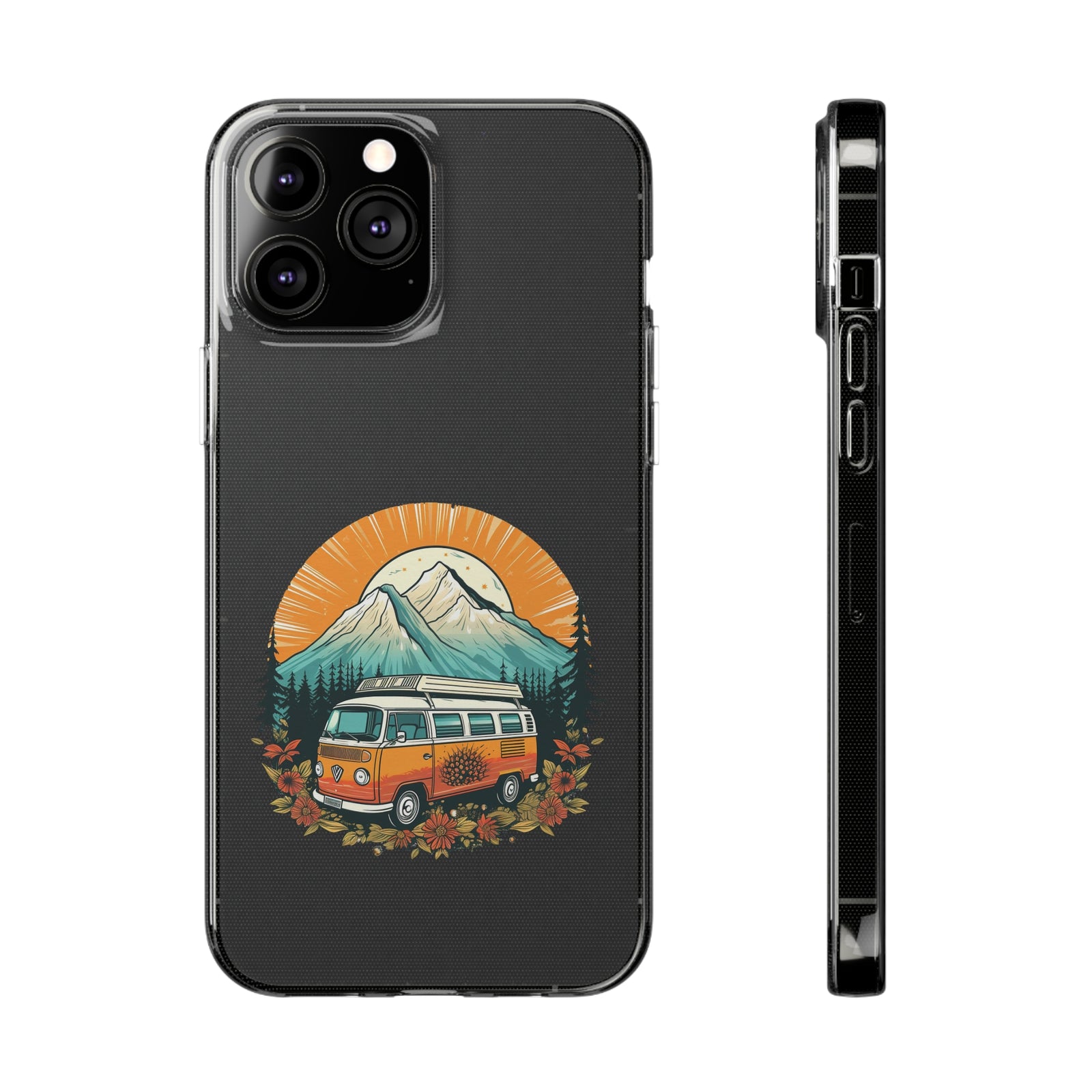 Phone case featuring a vintage camping van and mountain design, ideal for outdoor and adventure enthusiasts.