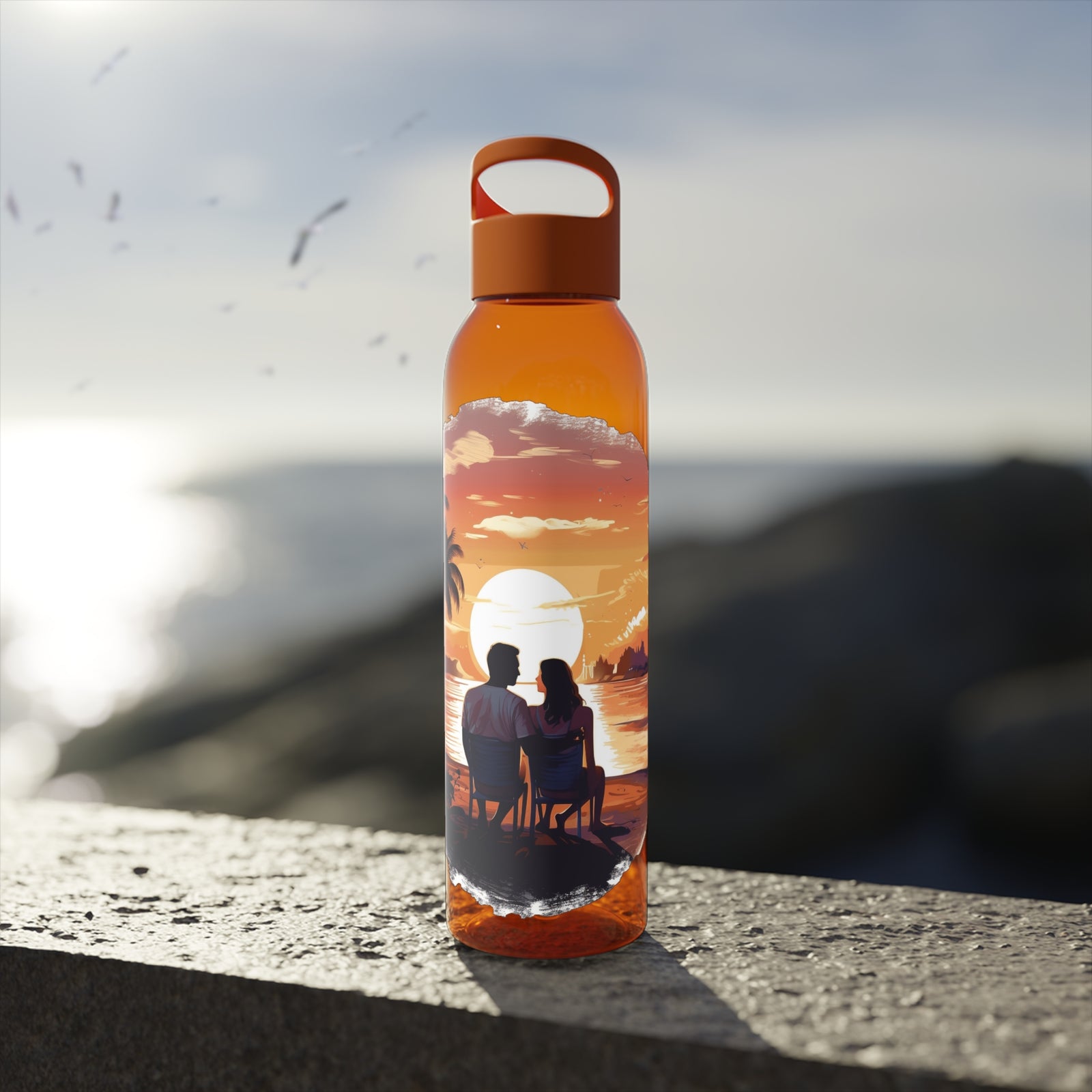 Stylish orange Sky Water Bottle featuring a sunset design, perfect for outdoor adventures and camping.