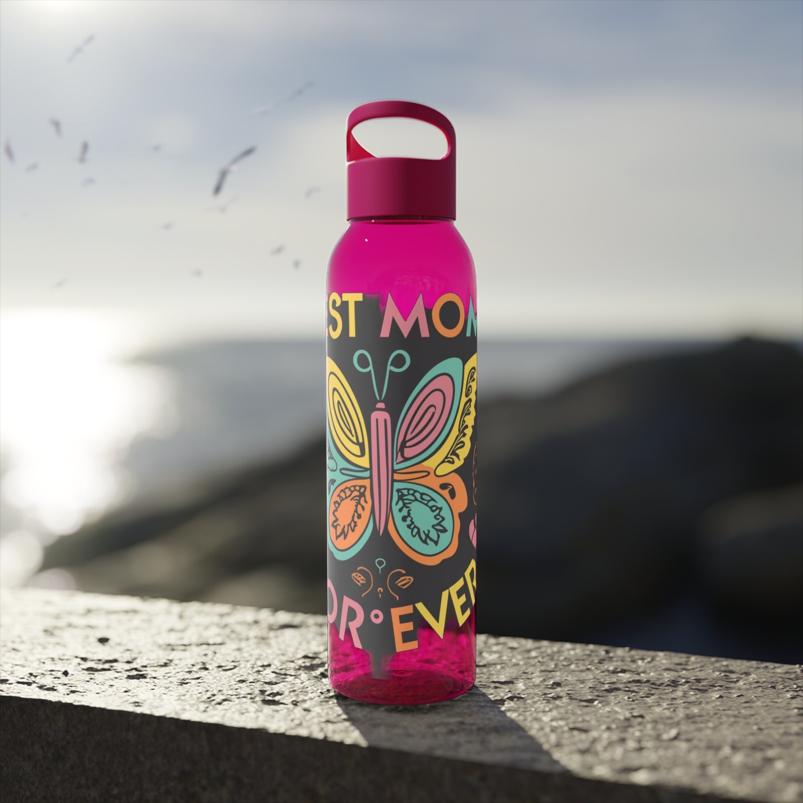 Stylish pink water bottle with butterfly design for outdoor adventures and camping, perfect for hydration on the go.