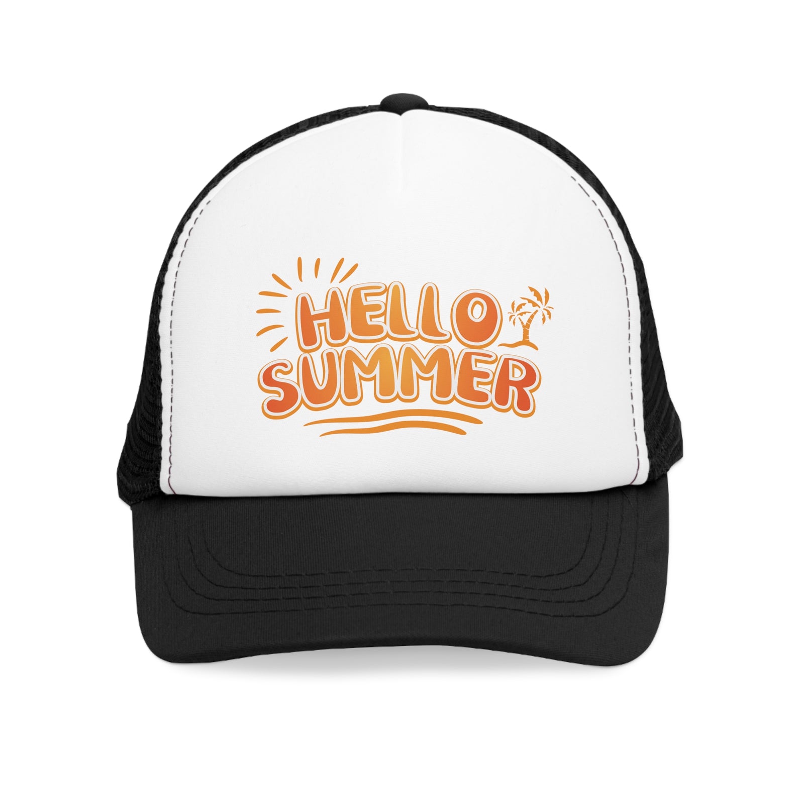 Blue mesh cap with 'Hello Summer' design, perfect for outdoor adventures and camping, available at revlando.com.