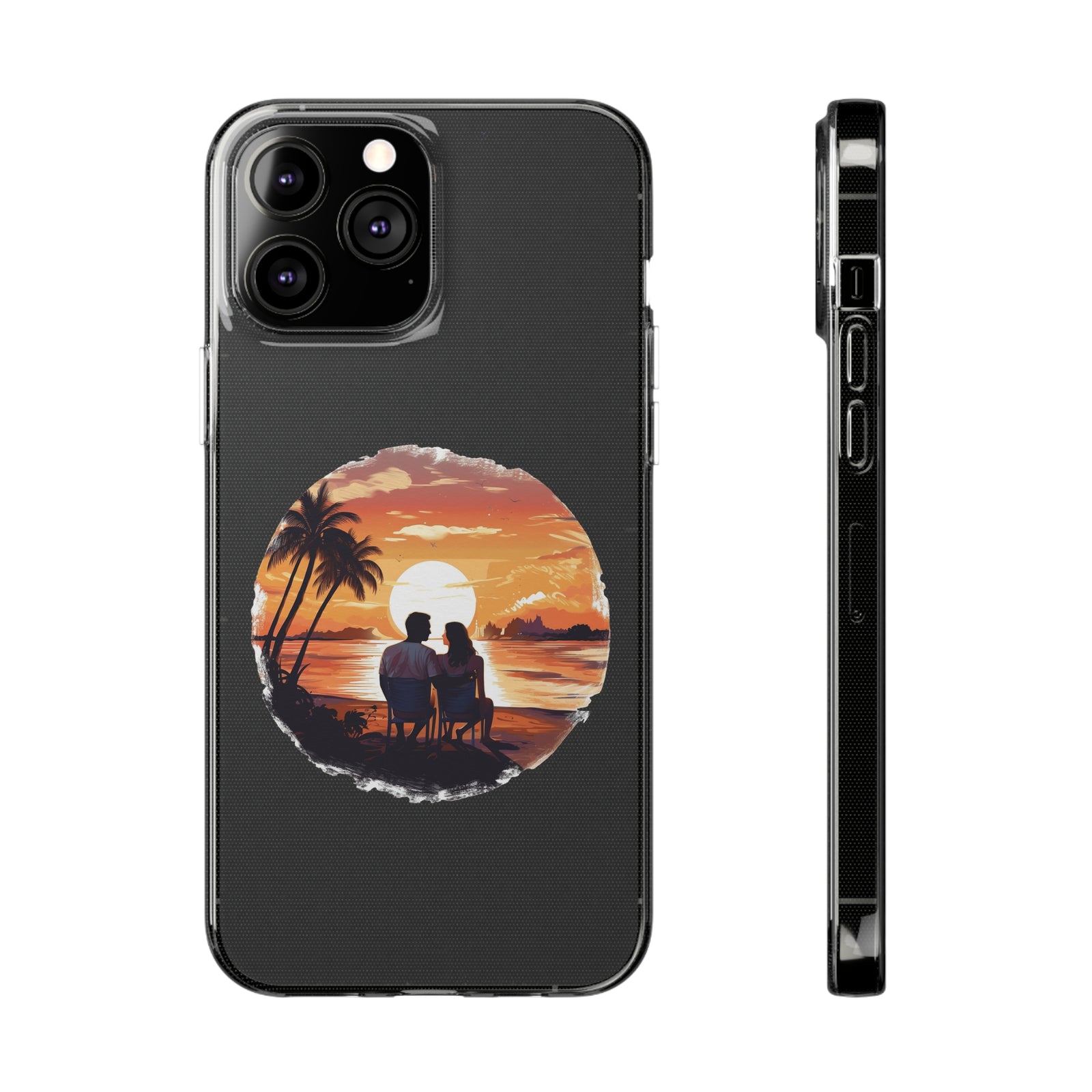Clear TPU phone case featuring a sunset scene with palm trees, perfect for nature lovers and outdoor enthusiasts.