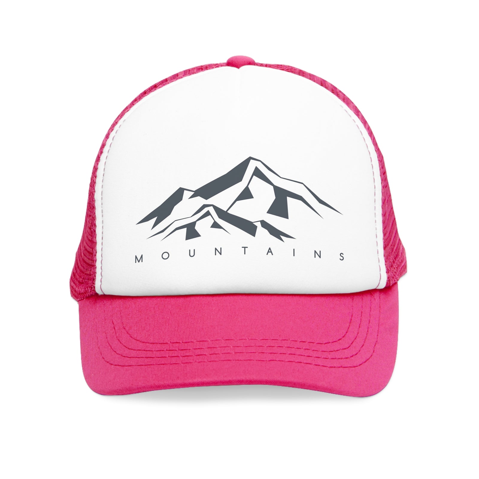 Pink mesh cap with mountain design, perfect outdoor accessory for camping adventures. Available at revlando.com.