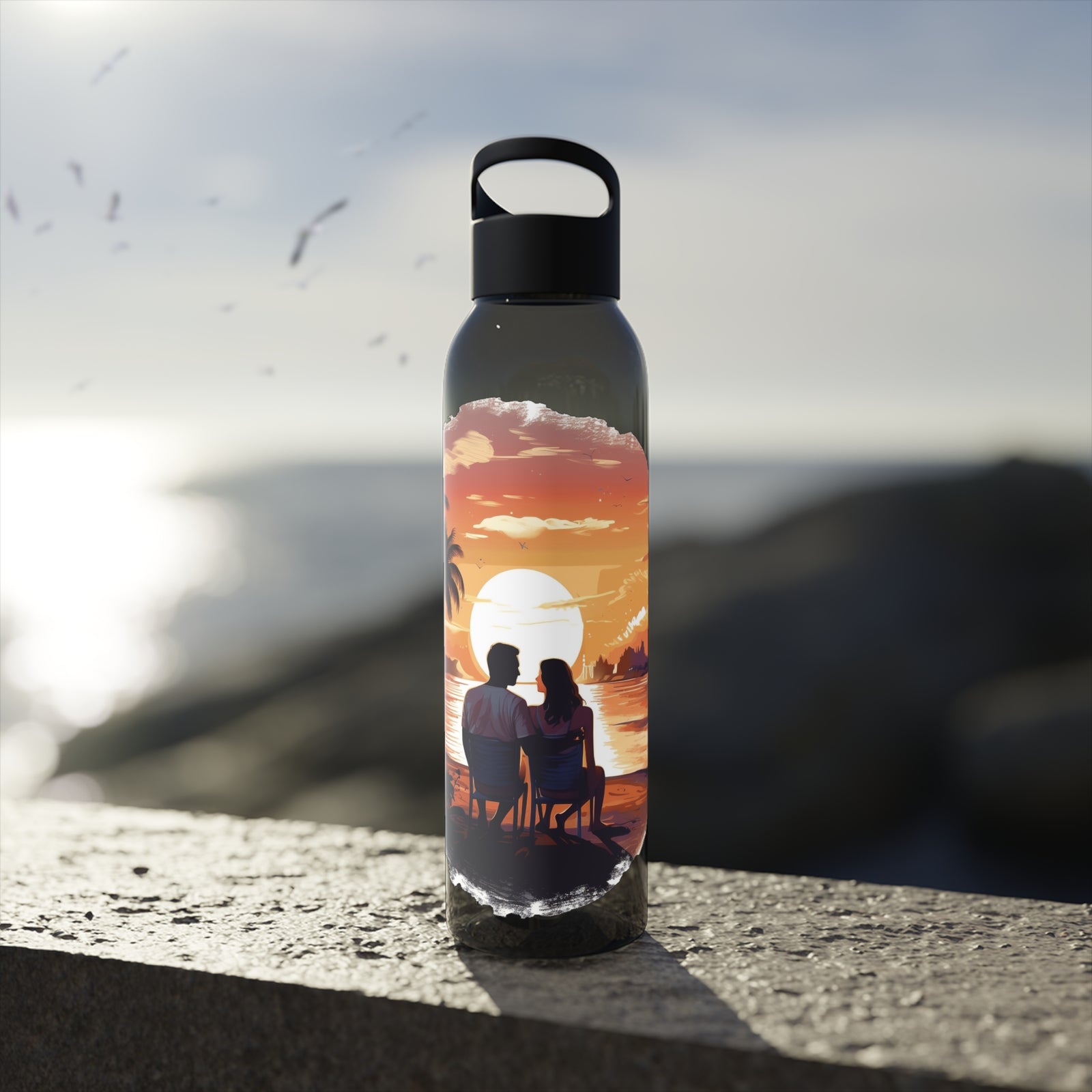 Customized Sky Water Bottle with sunset scene, ideal for outdoor adventures from revlando.com.