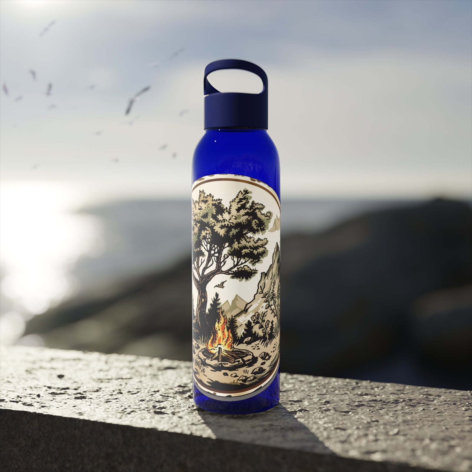 Sky Water Bottle in blue, ideal for outdoor adventures and camping, featuring a nature-themed design.