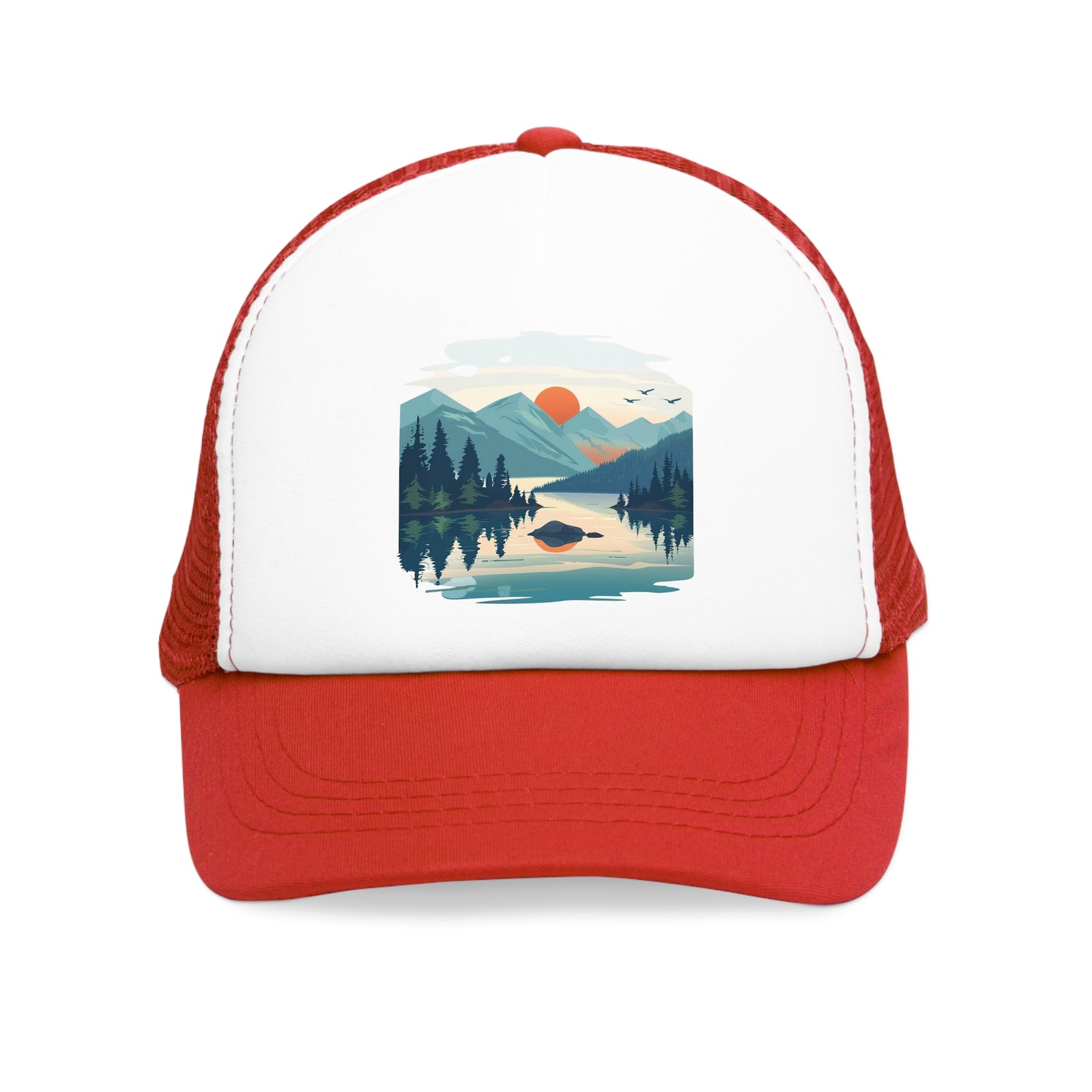 Mesh cap featuring a mountain and lake design, perfect for outdoor adventures and camping, from revlando.com.