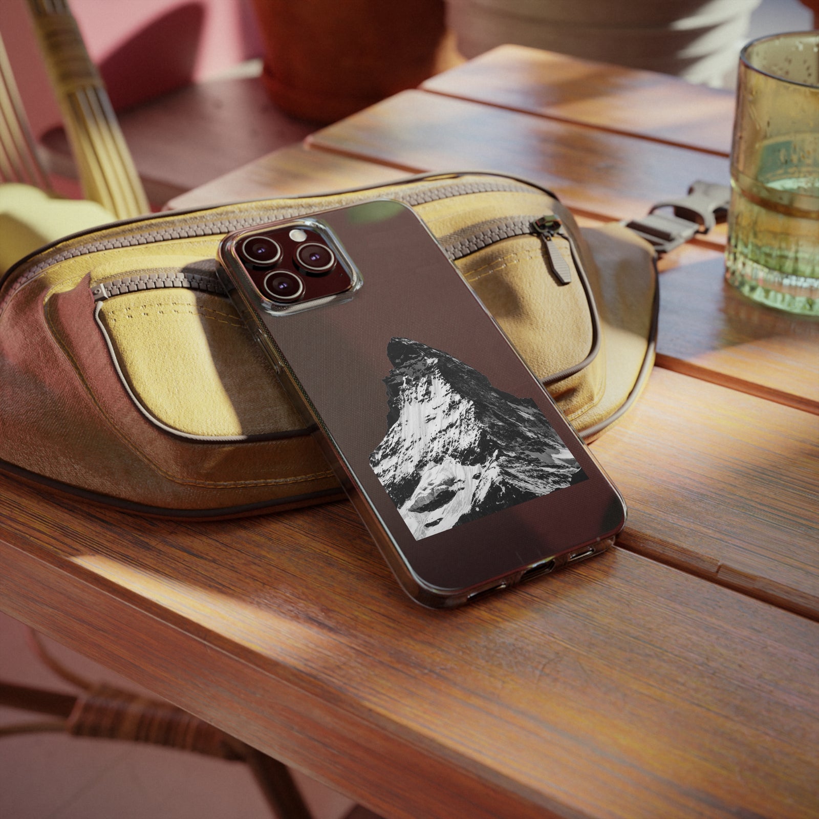 Clear TPU phone case featuring mountain design, ideal for outdoor adventures. Perfect accessory for camping enthusiasts.