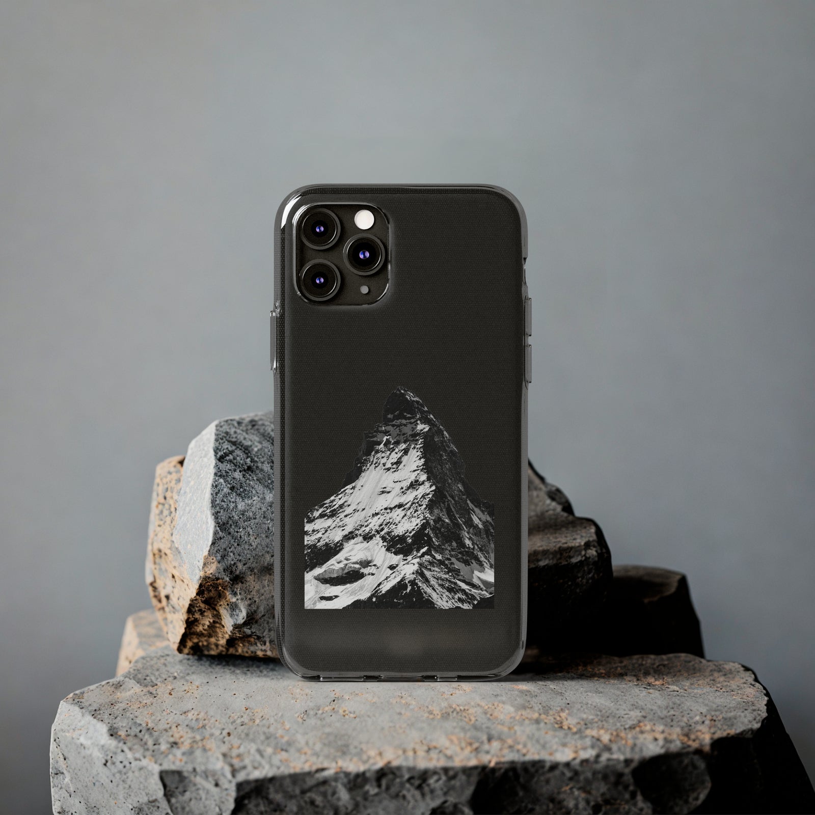 Phone Case Summit featuring a mountain design on clear TPU, perfect for outdoor adventures and camping gear at revlando.com.
