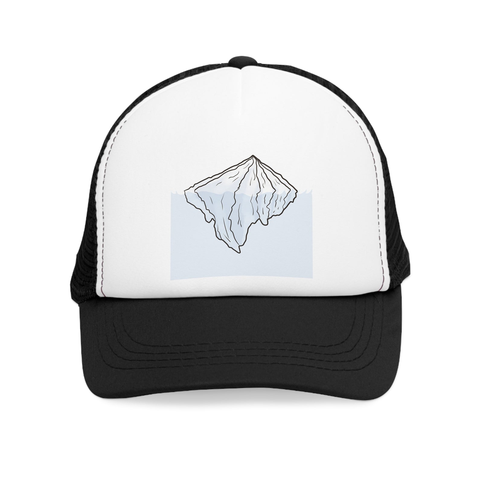 Blue mesh cap featuring an iceberg graphic, ideal for outdoor adventures and camping. Perfect for bad hair days.