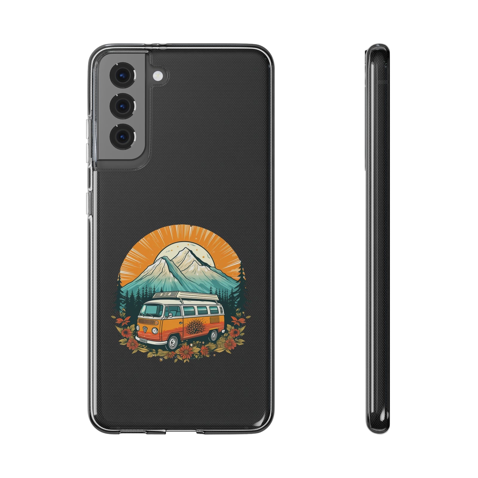Phone case featuring a colorful camping van design with mountains, ideal for outdoor adventures. Available at revlando.com.
