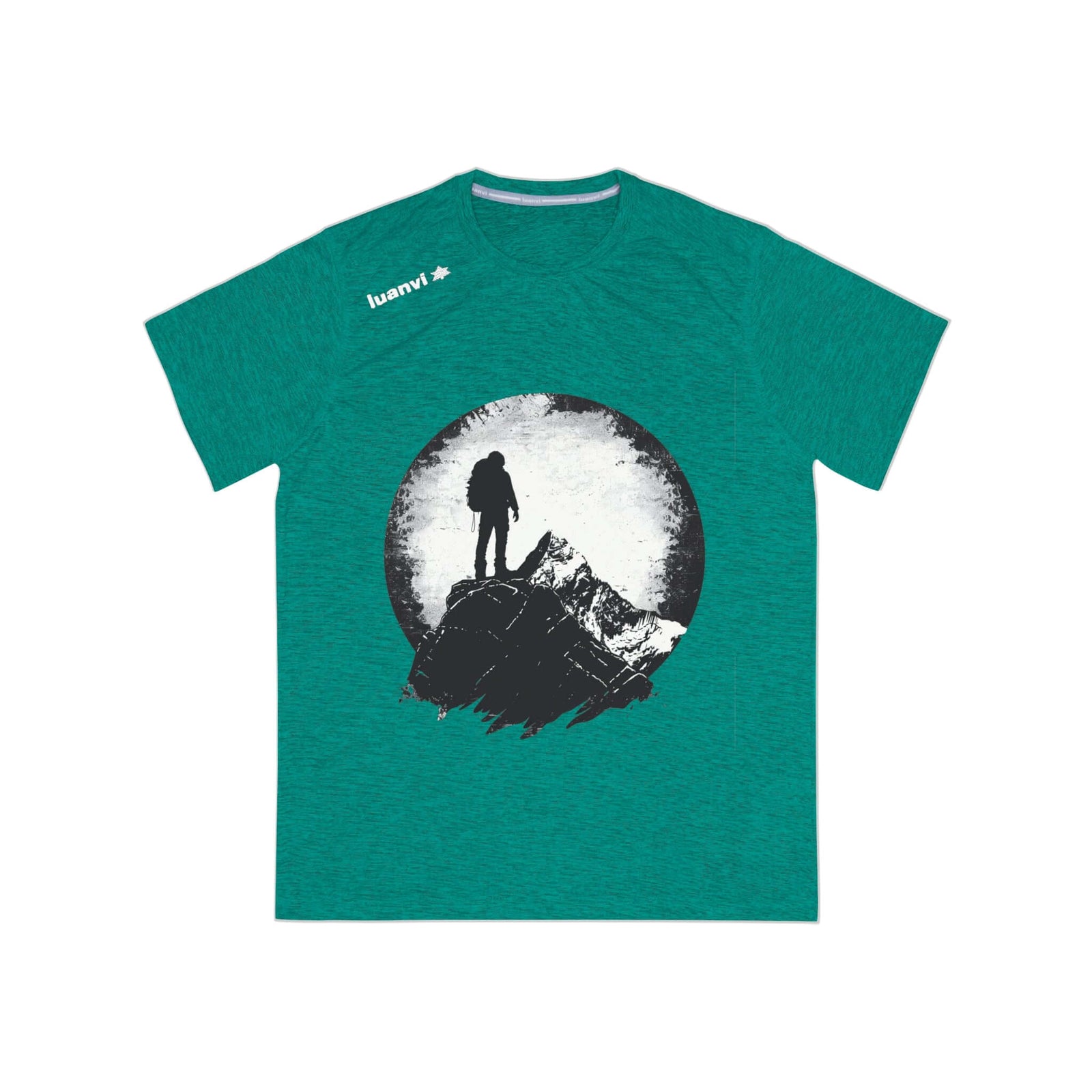 Men's teal sports t-shirt with adventure design perfect for outdoor and camping activities.