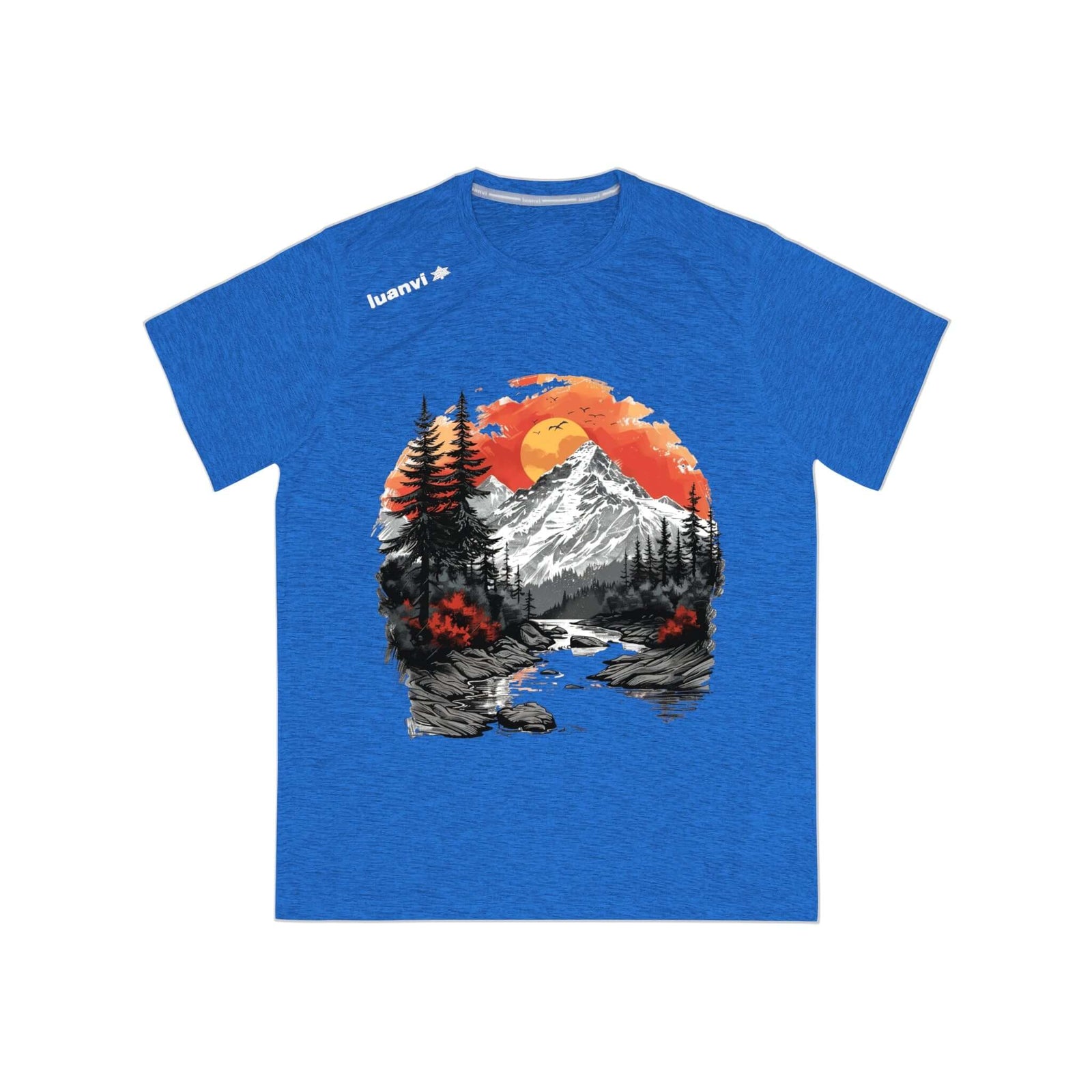 Men's blue sports t-shirt featuring a mountain design, perfect for outdoor adventures and camping.