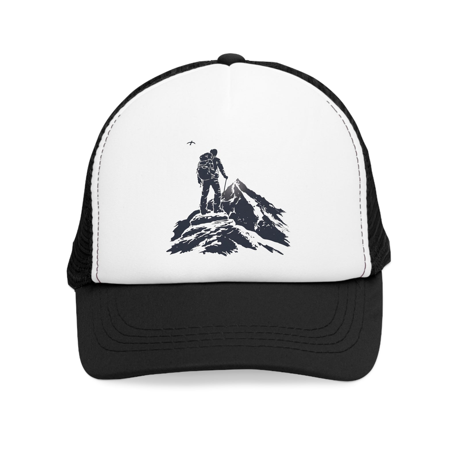 Mesh cap featuring a mountain climber graphic, perfect for outdoor adventures and camping, available at revlando.com.