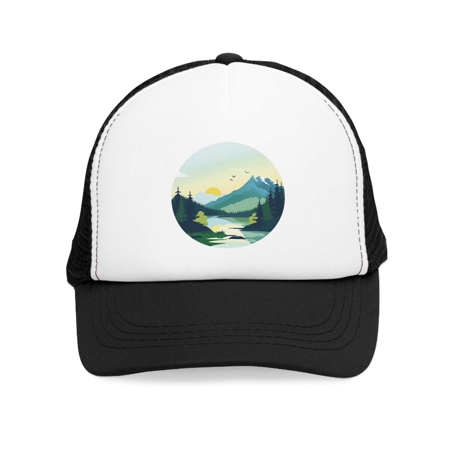 Mesh cap with a scenic mountain design, ideal for outdoor adventures and camping trips, available at revlando.com.