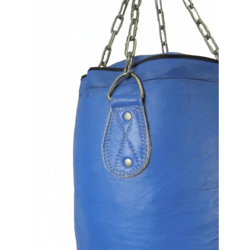 Close-up of premium blue leather boxing bag with strong metal chain for secure hanging, ideal for outdoor sports and training.