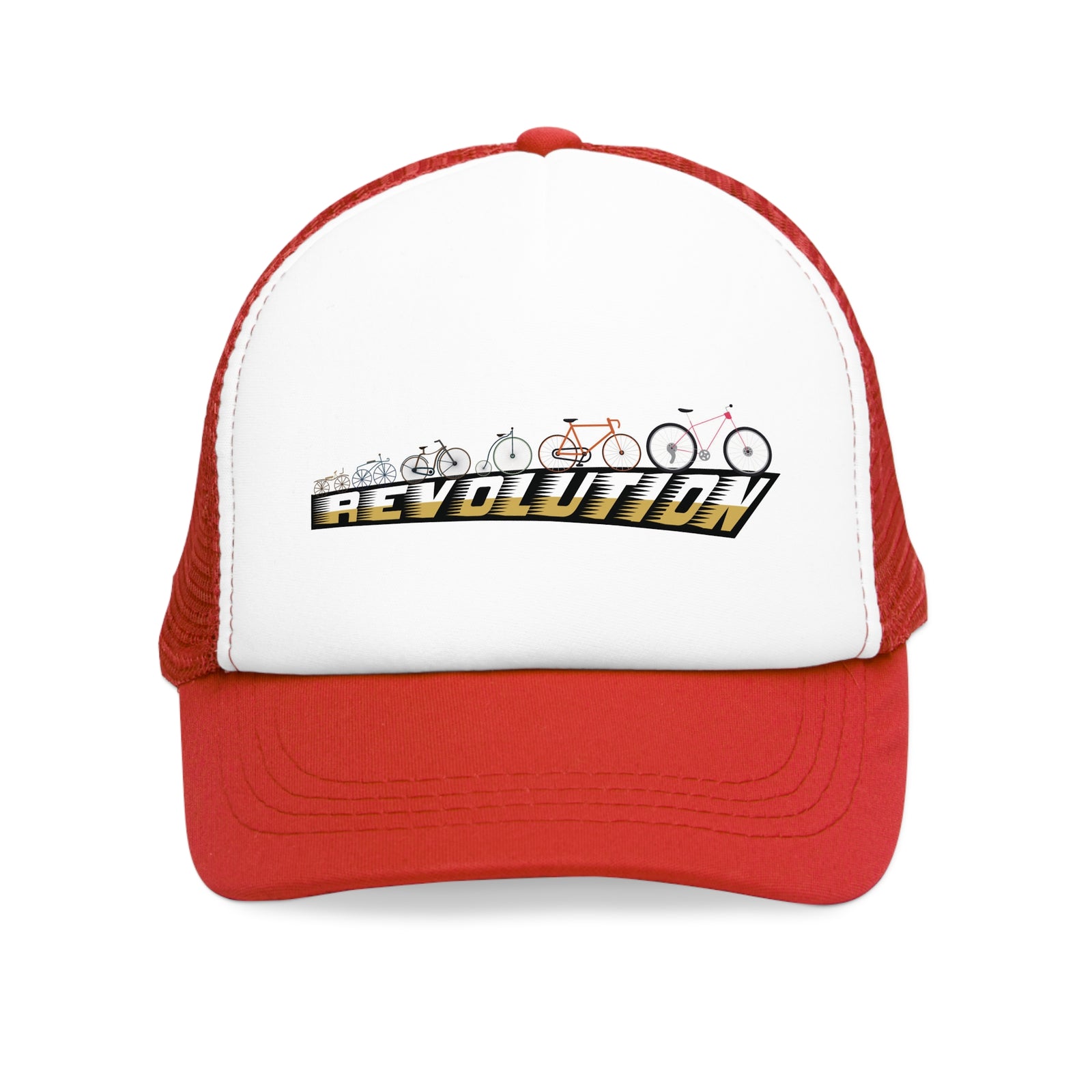 Mesh cap with red visor and 'Revolution' graphic, ideal for outdoor adventures and camping.