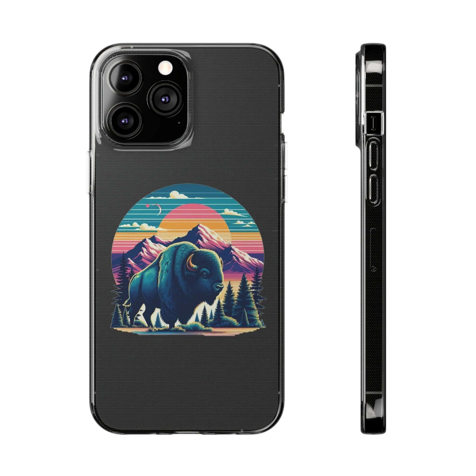 Buffalo phone case featuring a vibrant mountain design, perfect for outdoor and camping adventures. Available at revlando.com.