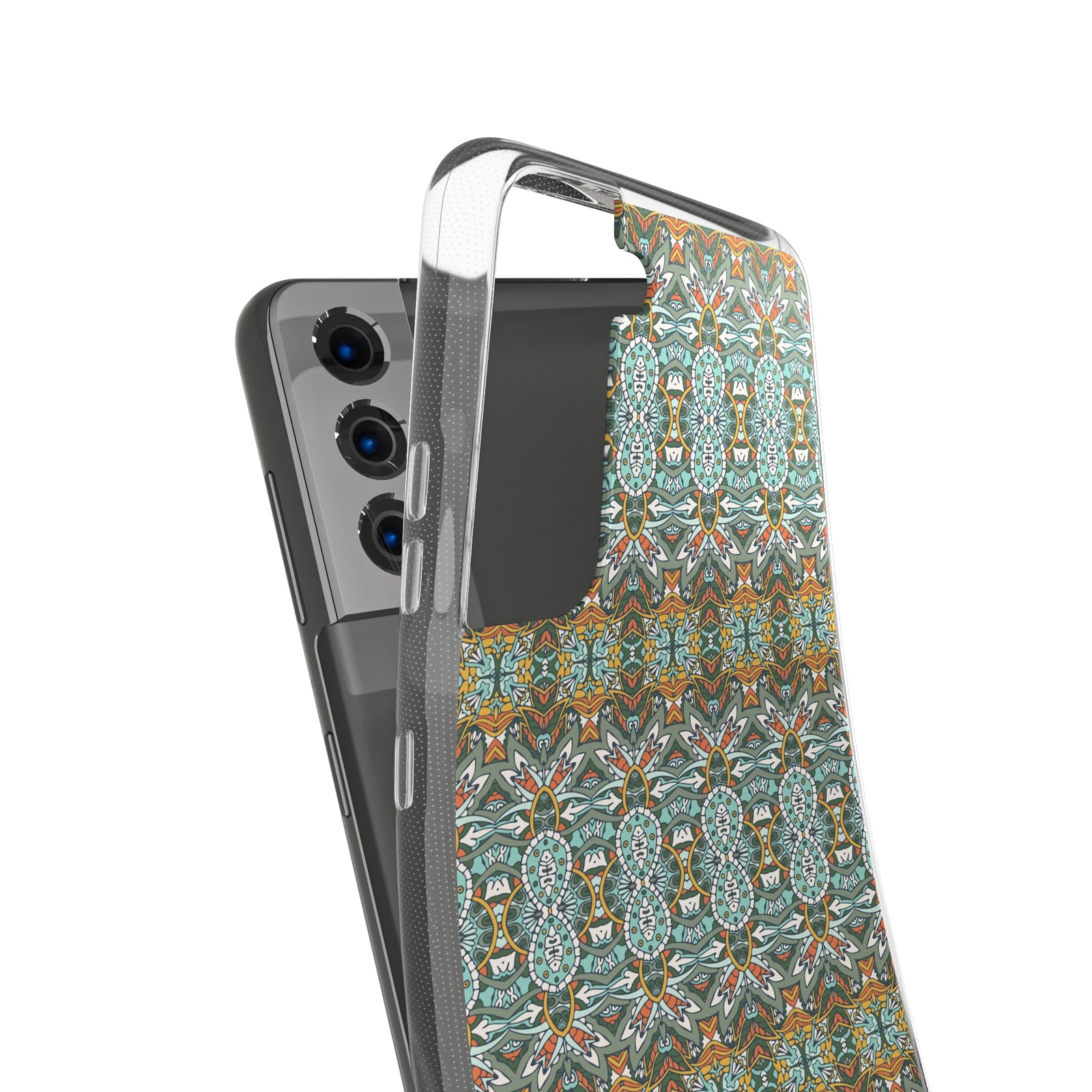 Colorful mandala phone case for Apple, Samsung, and Google Pixel, perfect for outdoor adventures and camping.