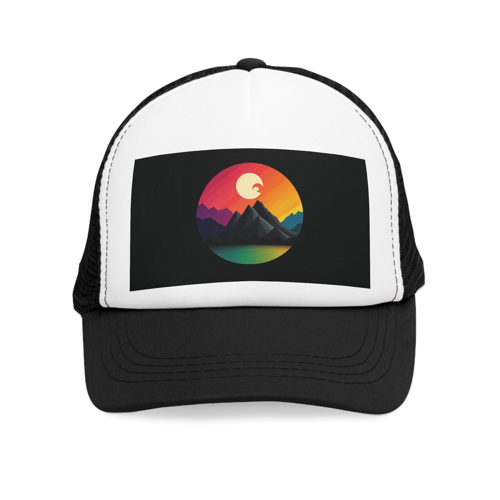 Mesh cap with mountain sunset graphic, ideal for outdoor adventures and camping, available at revlando.com.