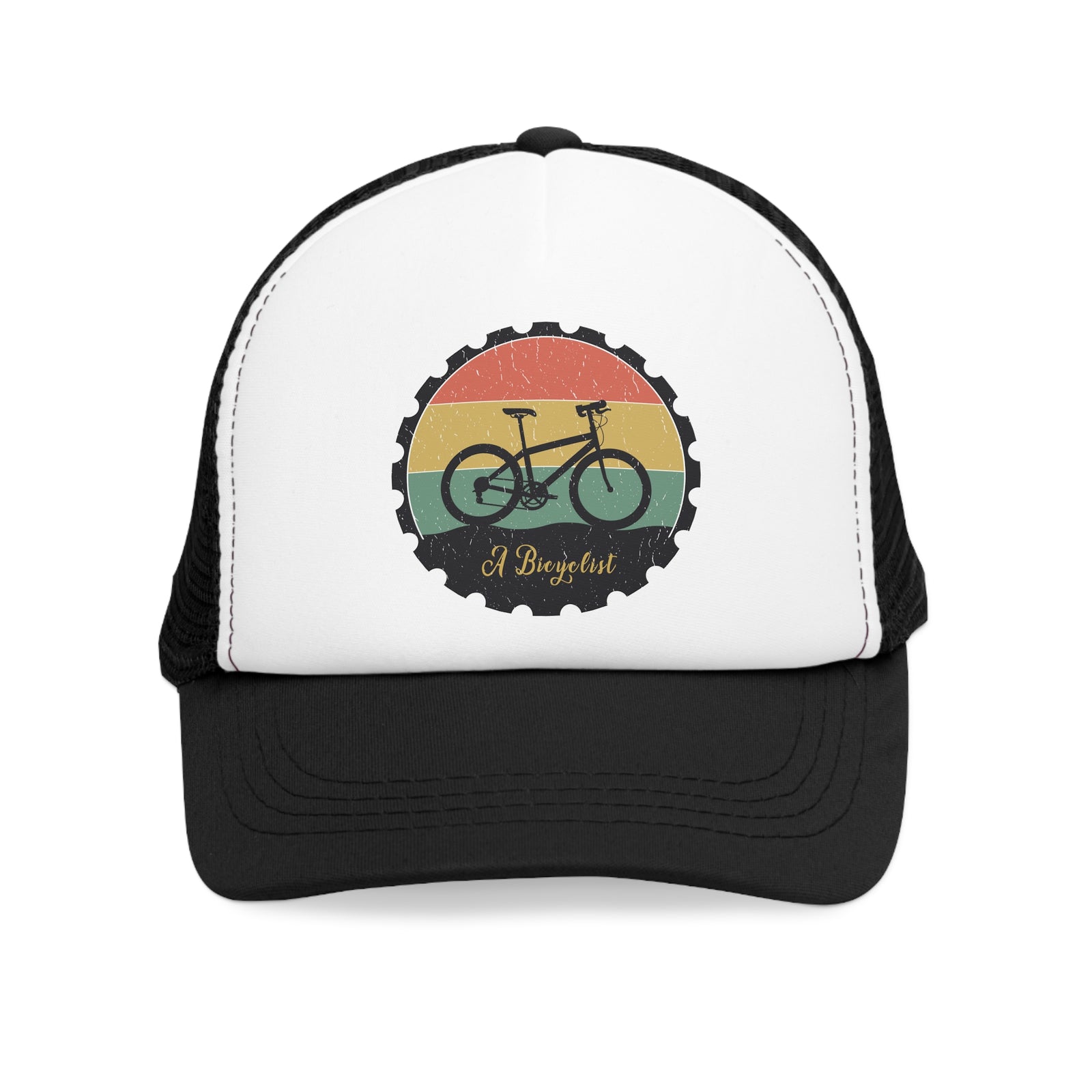 Mesh cap for cyclists featuring a bike logo, ideal for outdoor adventures and camping trips.