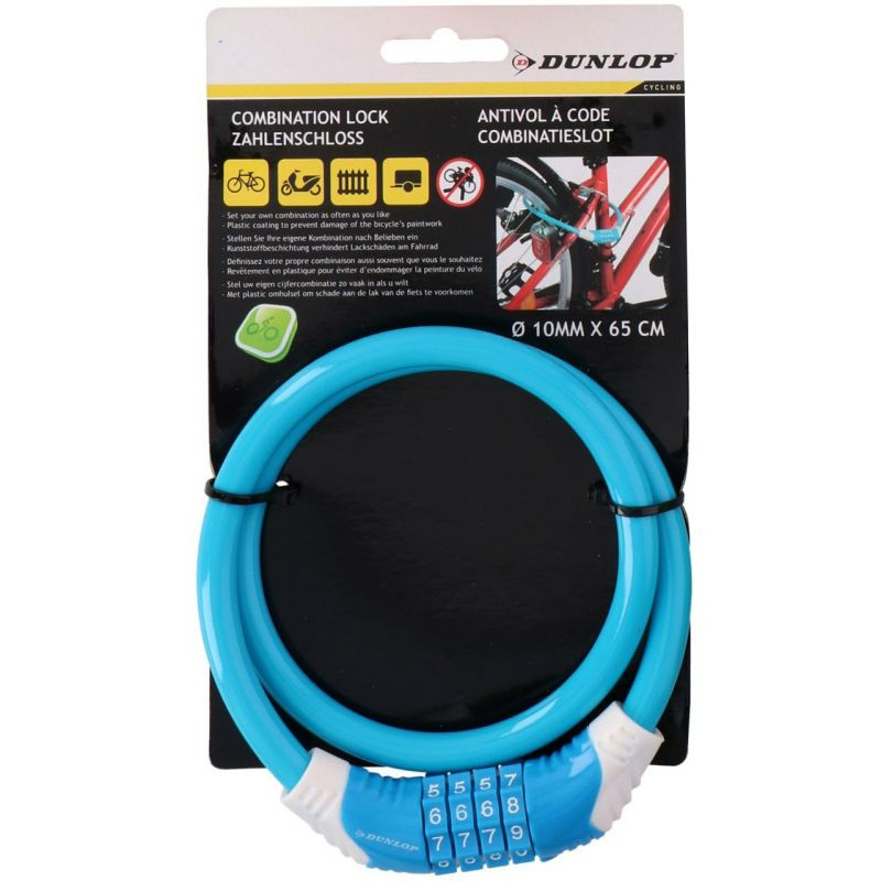 Candado para bicicleta Dunlop con código en espiral azul, 10 mm x 65 cm, combinación de 4 dígitos, cubierta resistente a los arañazos