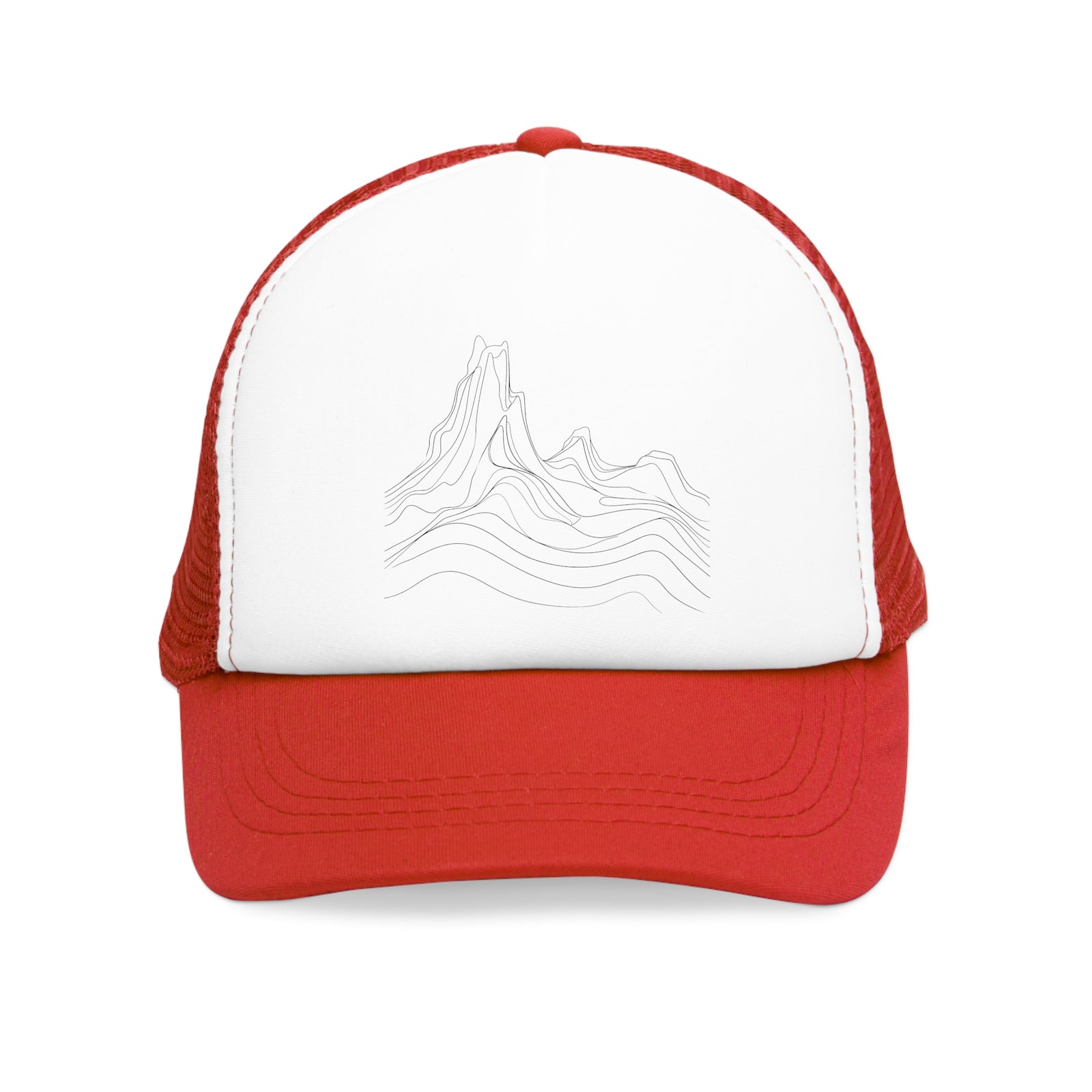 Red mesh cap with mountain line art, perfect for outdoor adventures and camping.