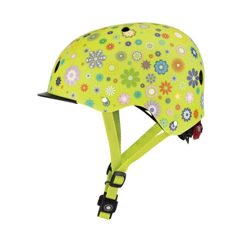 Helmet Globber Elite Lights Jr - Kids' Safety Helmet with LED Lights & Adjustable Fit - Green Flowery Design
