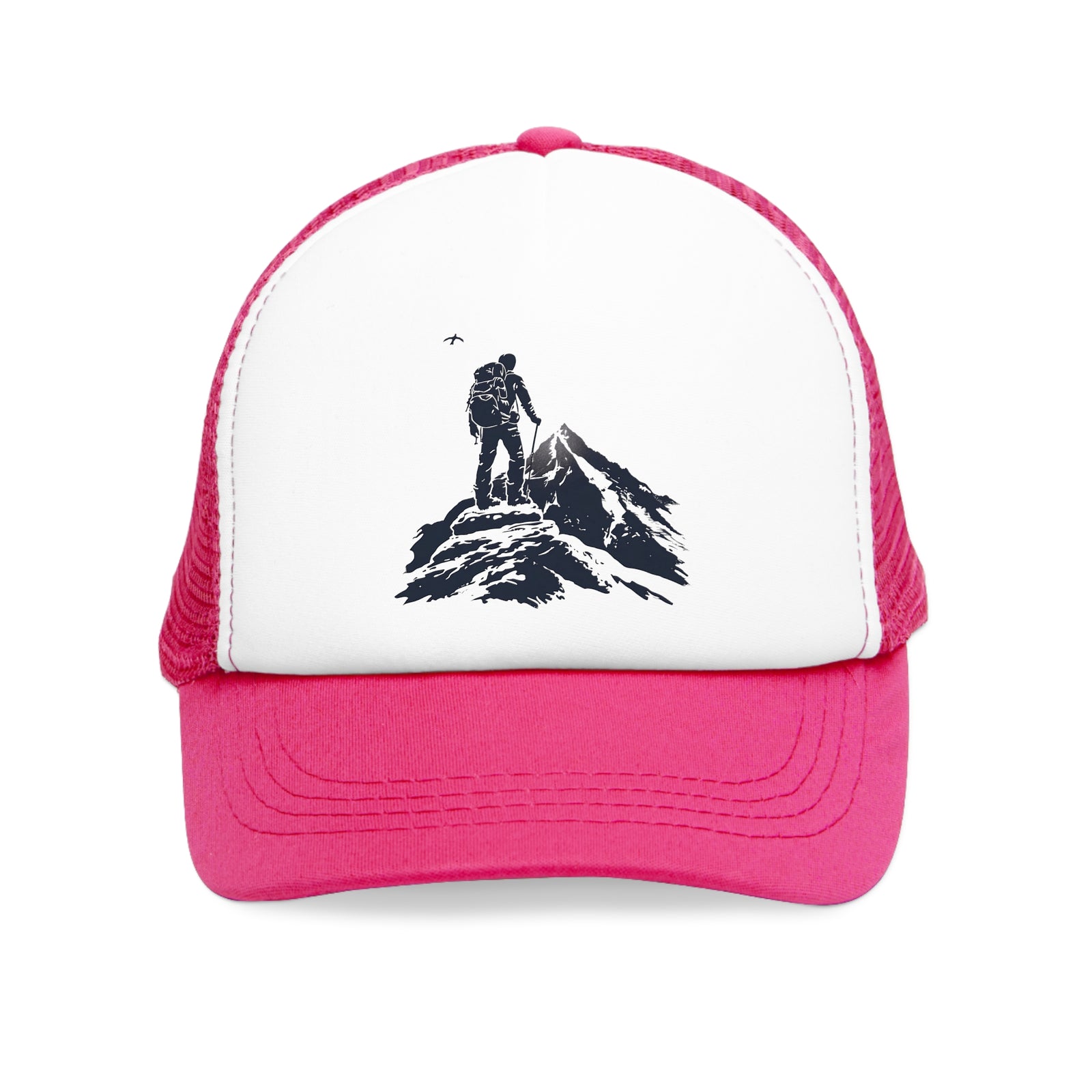 Mesh cap in pink featuring a mountain climber graphic, perfect for outdoor adventures and camping.