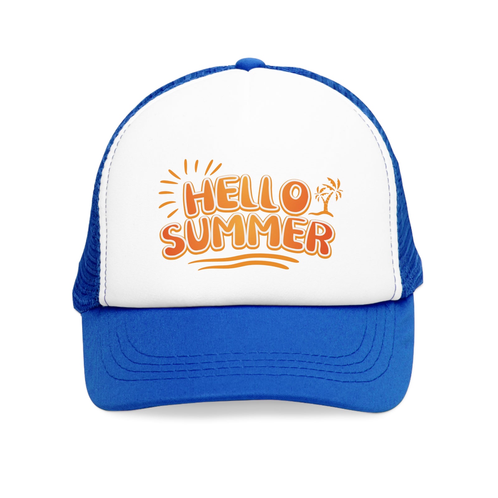 Blue mesh cap with 'Hello Summer' design, perfect for outdoor adventures and camping, available at revlando.com.