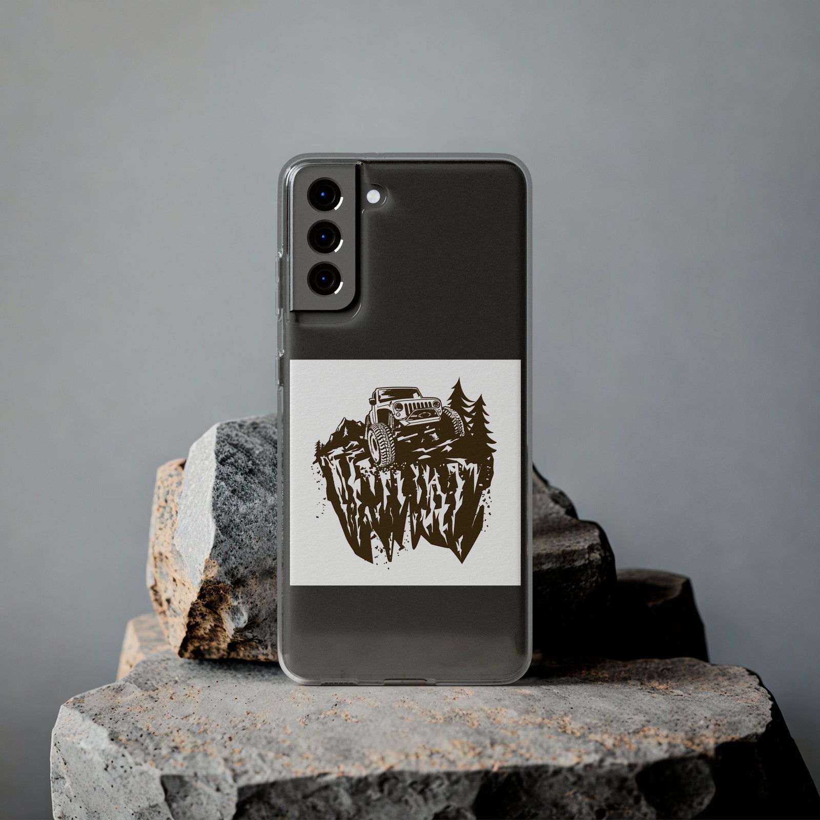 Clear TPU phone case featuring an off-road Jeep design, perfect for outdoor adventures and camping enthusiasts.