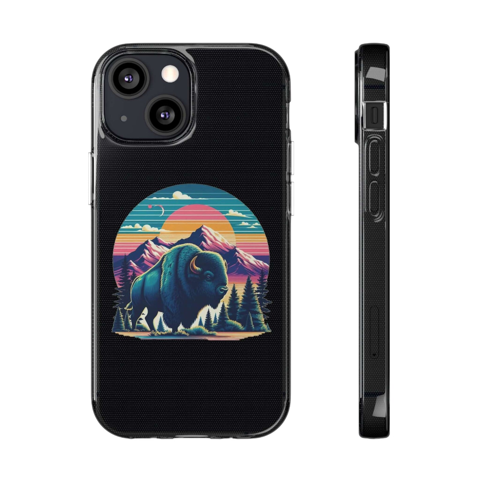 Buffalo design phone case in clear TPU, perfect for outdoor adventures and camping. Available on revlando.com.