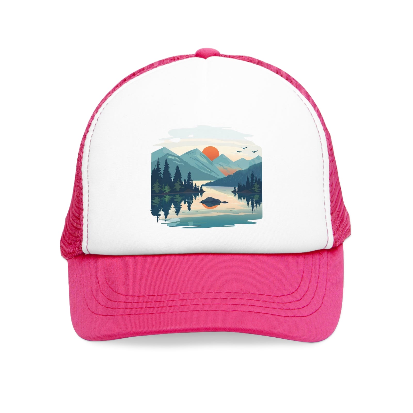 Pink mesh cap with mountain and sunset design, ideal for outdoor adventures and camping, from revlando.com.