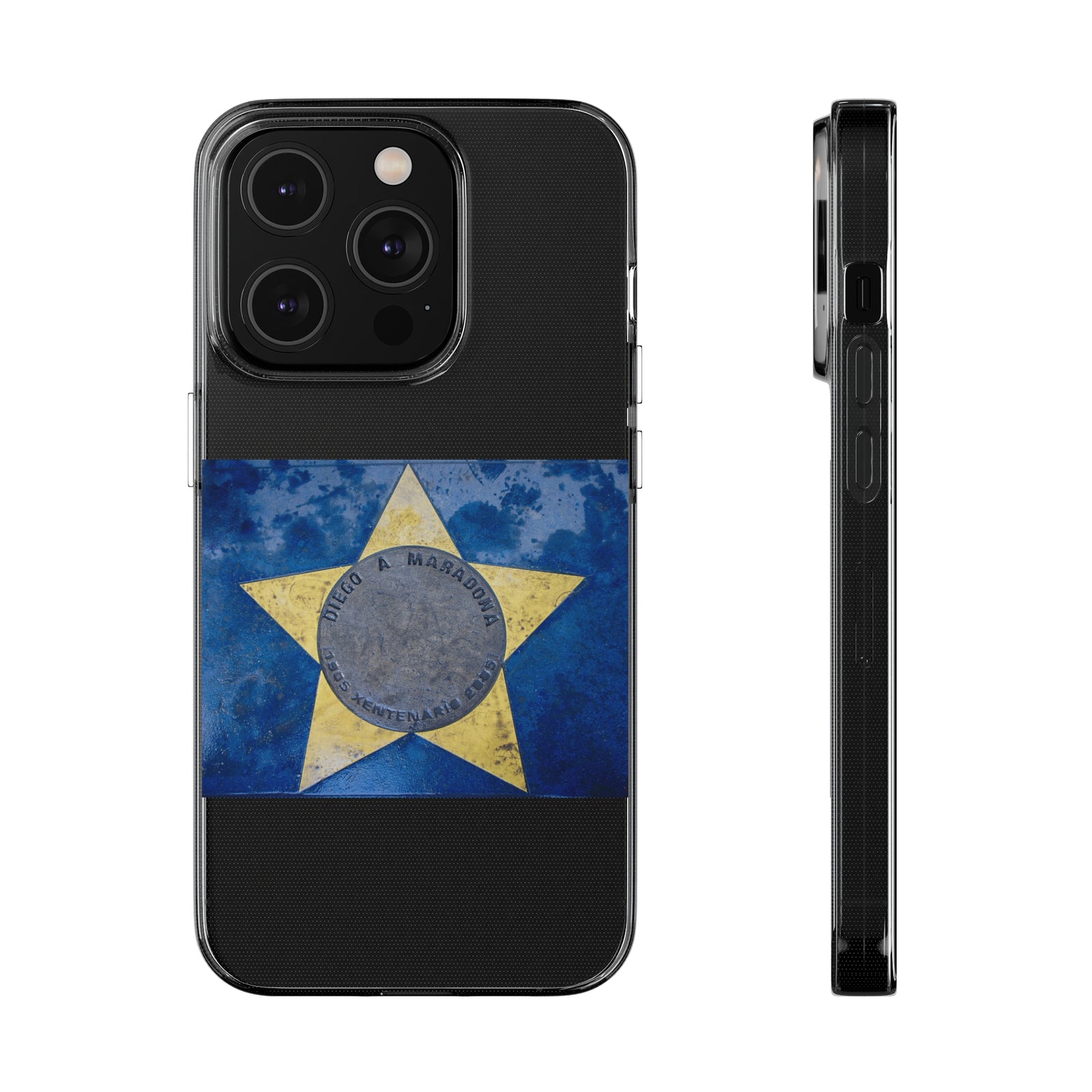 Diego Maradona phone case with blue star design, perfect for outdoor adventures and style enthusiasts. Flexible TPU material.
