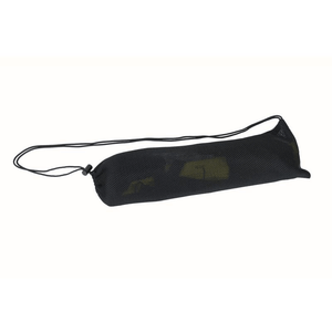 Black mesh storage bag for sports equipment, ideal for outdoor adventures and travel. Durable and lightweight design.