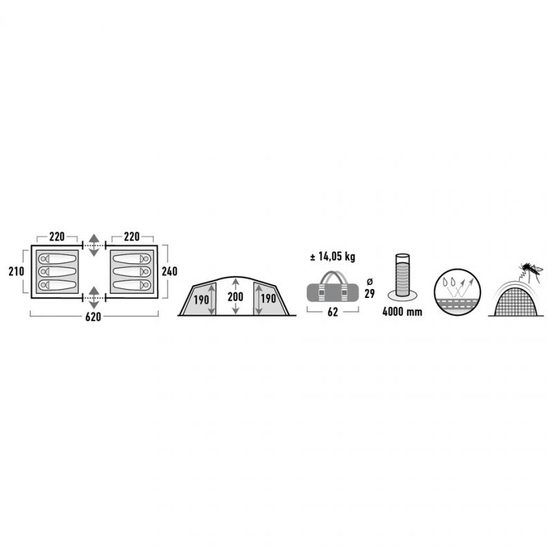 diagram of High Peak Tauris 6-Person Tent dimensions and features for outdoor camping adventures