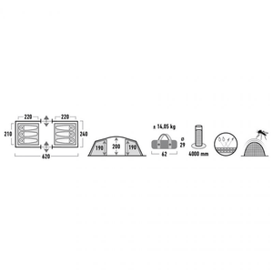 diagram of High Peak Tauris 6-Person Tent dimensions and features for outdoor camping adventures