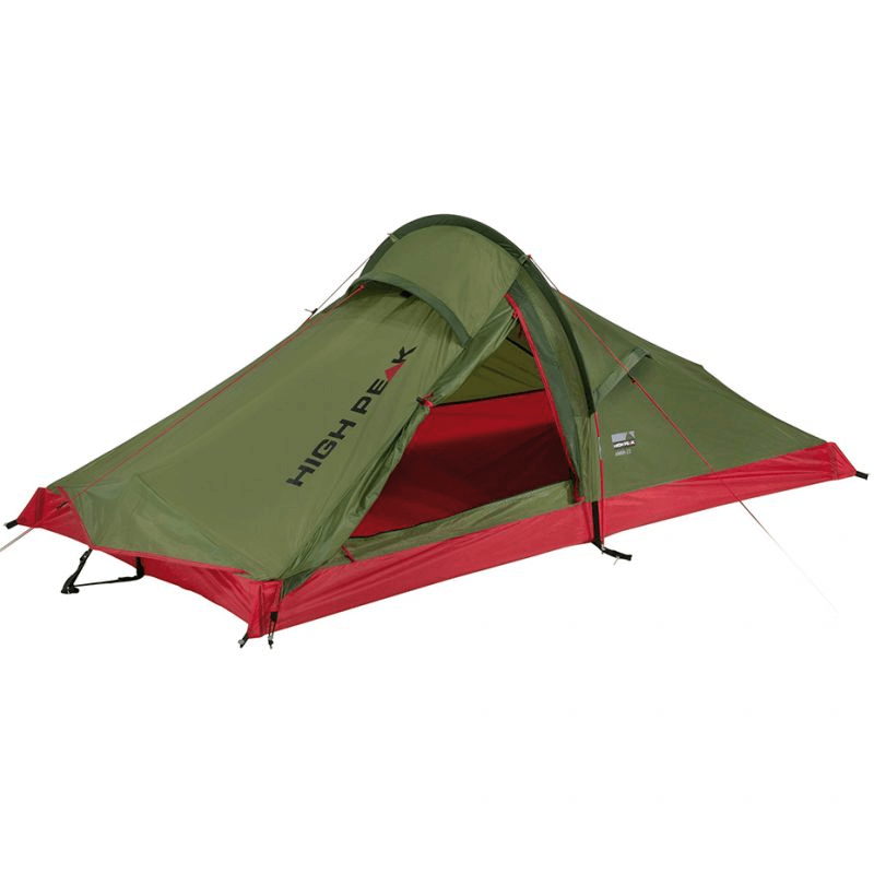 High Peak Siskin 2 Tent in green and red, perfect for outdoor sports and adventures while traveling.