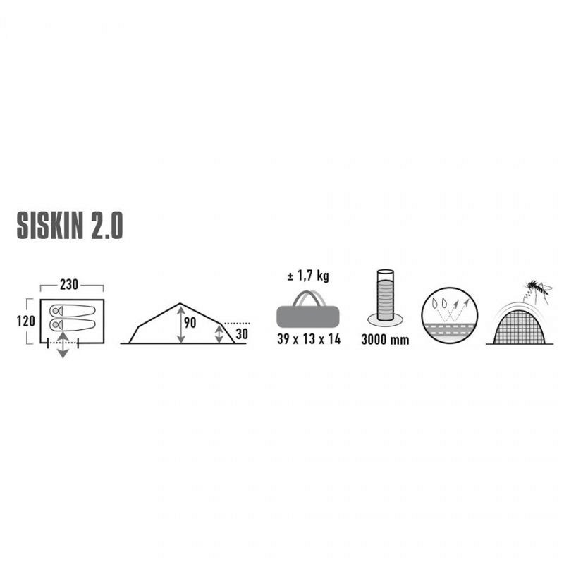 Diagram of High Peak Siskin 2 Tent dimensions and features, highlighting outdoor travel specifications.