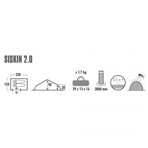 Diagram of High Peak Siskin 2 Tent dimensions and features, highlighting outdoor travel specifications.