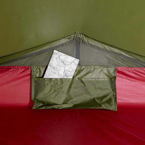 Interior view of High Peak Siskin 2 Tent with storage pocket and map, showcasing its functionality for outdoor adventures.