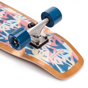 Meteor 22596 skateboard showing colorful bamboo deck and blue wheels, perfect for outdoor adventure and travel.