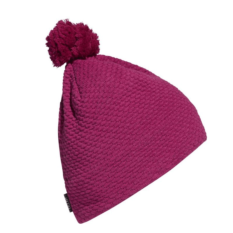 Adidas pink beanie with pompom, perfect for outdoor adventures, travel, and stylish winter warmth.