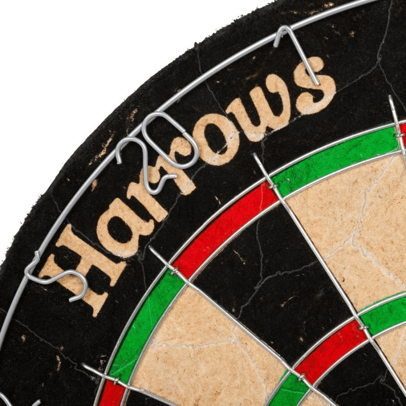 Close-up of Harrows official competition dart board showcasing sisal fibers and vibrant scoring sections for outdoor sport.