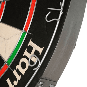 Close-up of the Harrows sisal dart board, showcasing the durable sisal fibers and metal wiring for optimal gameplay.