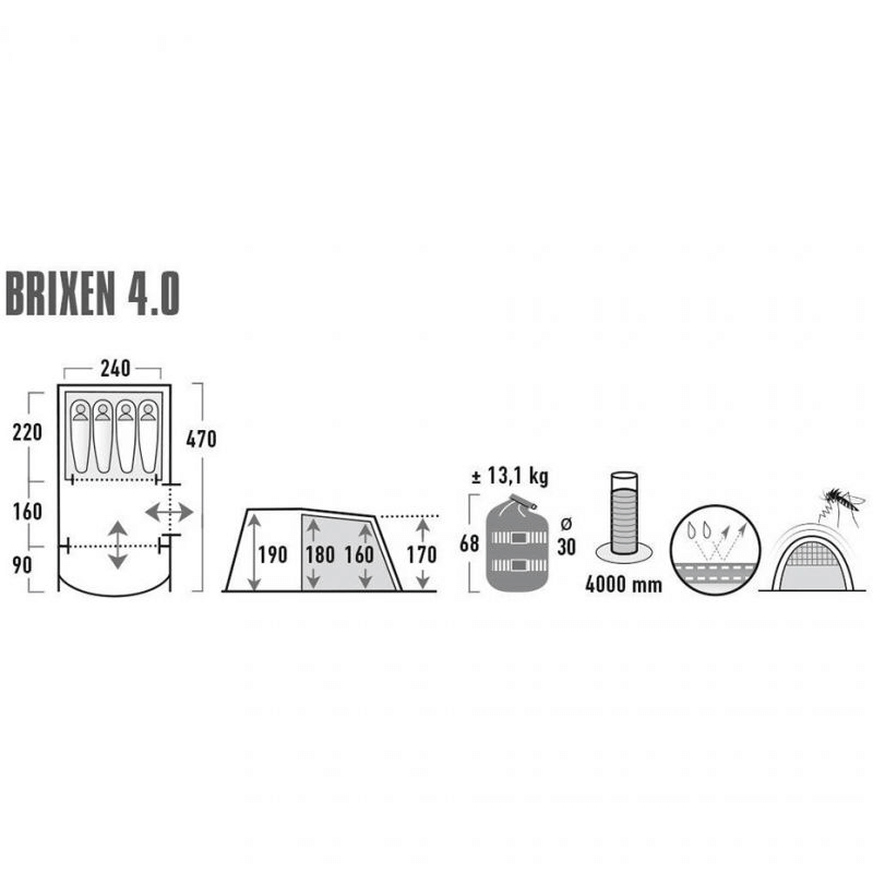 Diagram of High Peak Brixen 4.0 Tent specifications, showing dimensions and features for outdoor adventure camping.