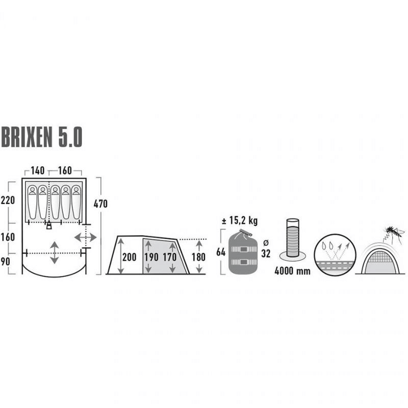 Brixen 5.0 family tent specifications showing dimensions, capacity, weight, and water resistance features for outdoor adventures.